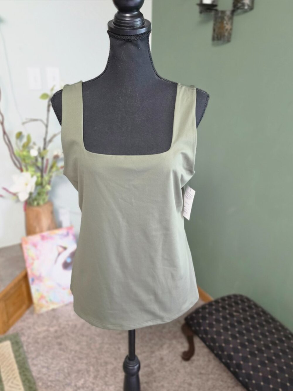 NWT Nine West Olive Green Square Neck Sleeveless Top Size XL